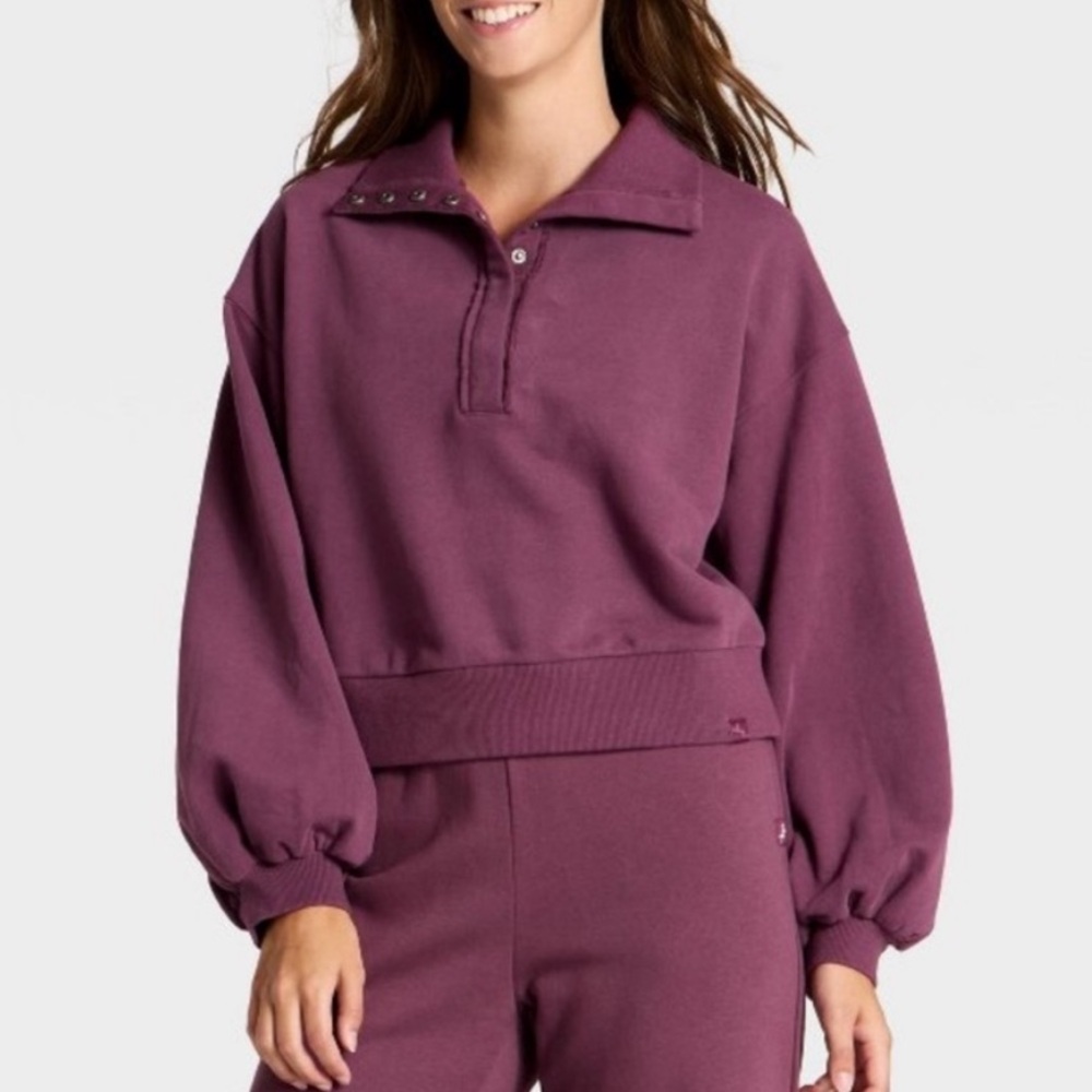 JoyLab Henley French Terry Cropped Sweatshirt Balloon Sleeves, Plum, Sz XL NWT